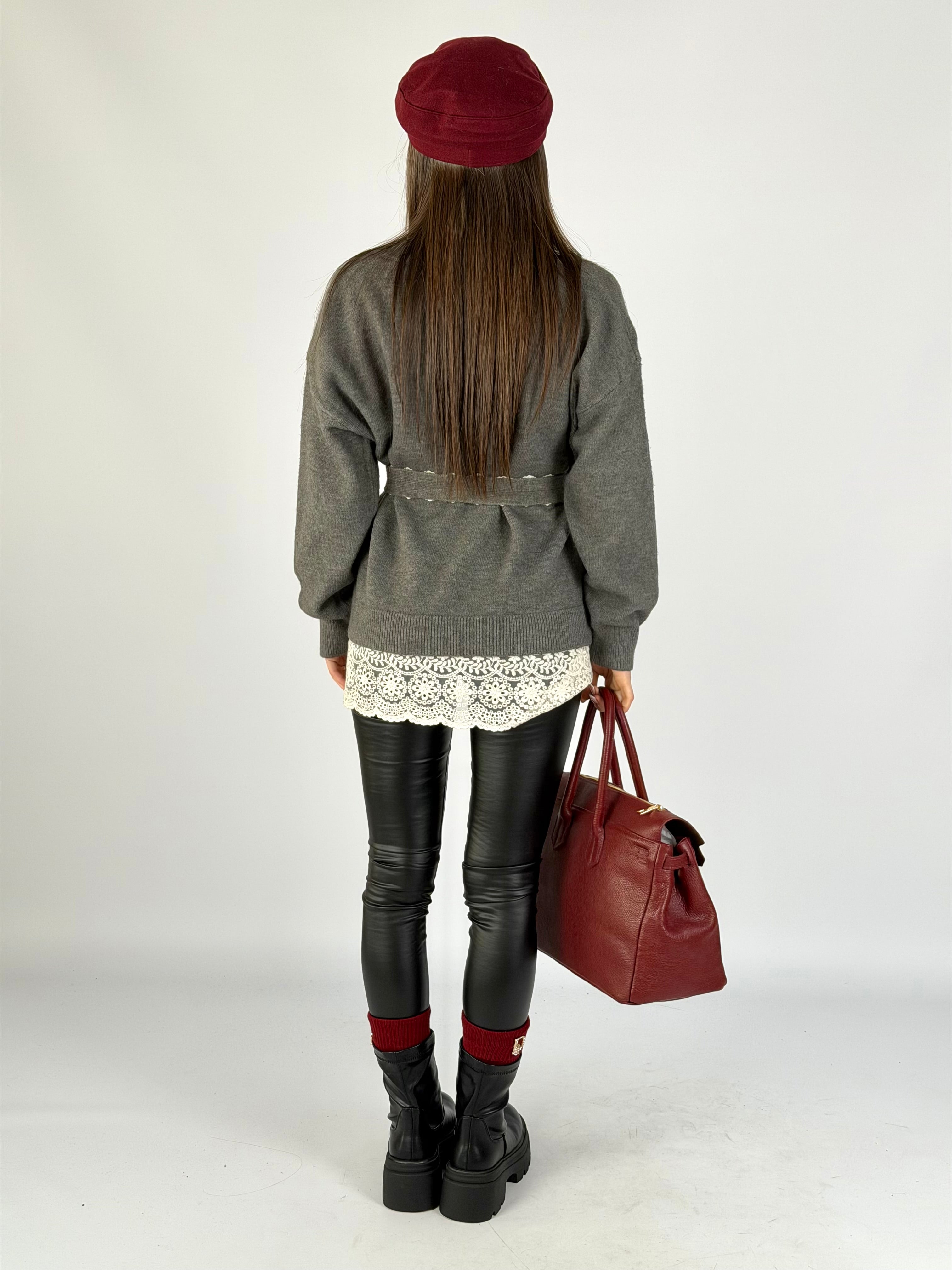 Maglia cintura ricami grigio