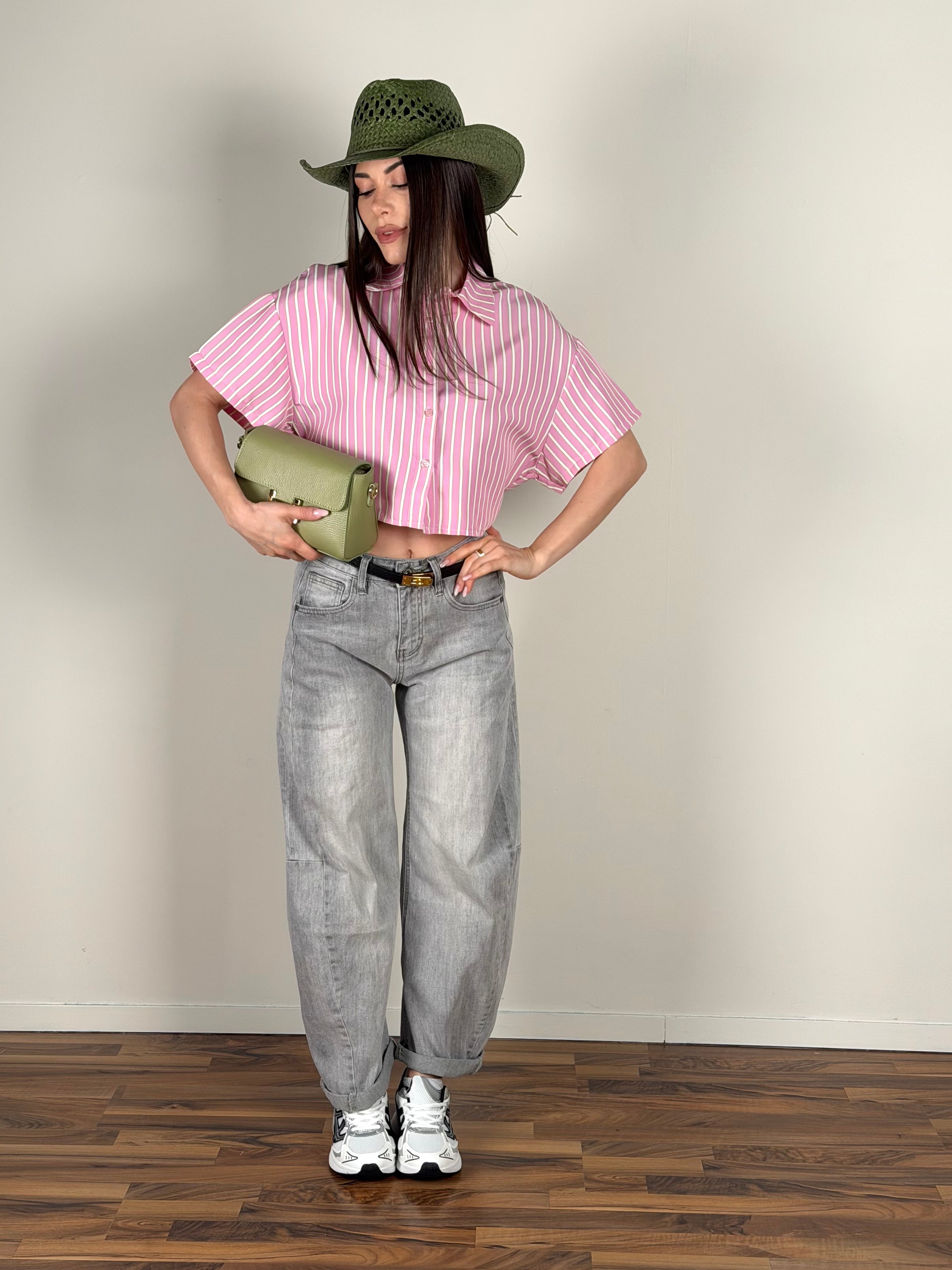 Camicia gessata fiocco rosa