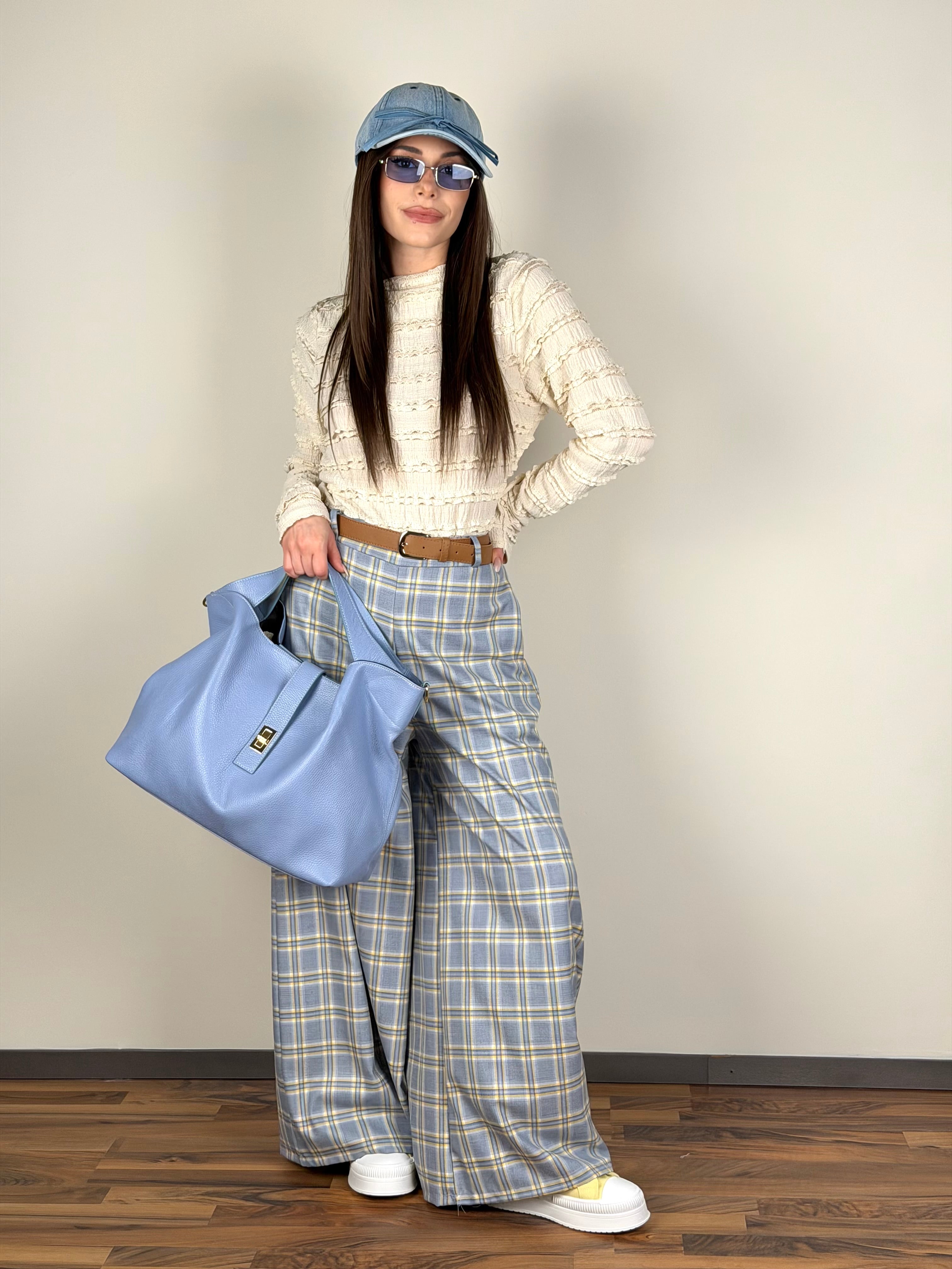 Pantalone check Siria celeste