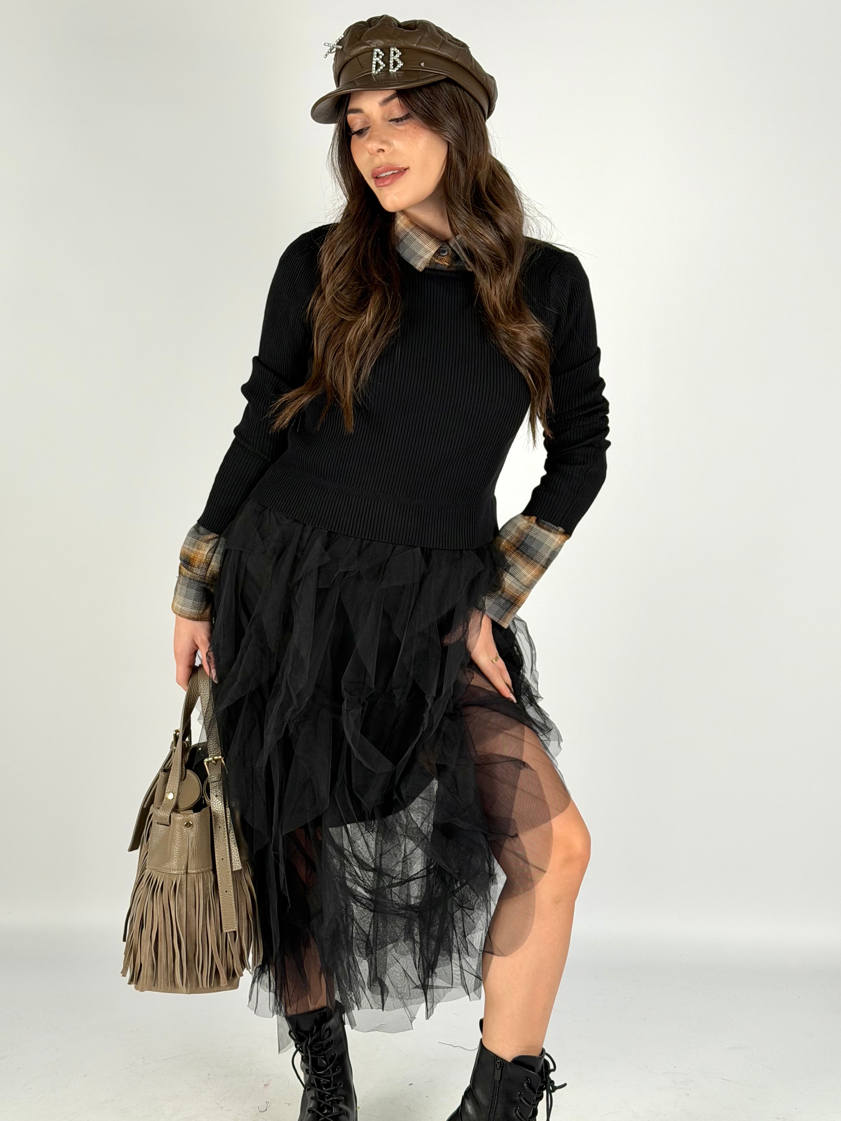 Abito tulle manica lunga nero