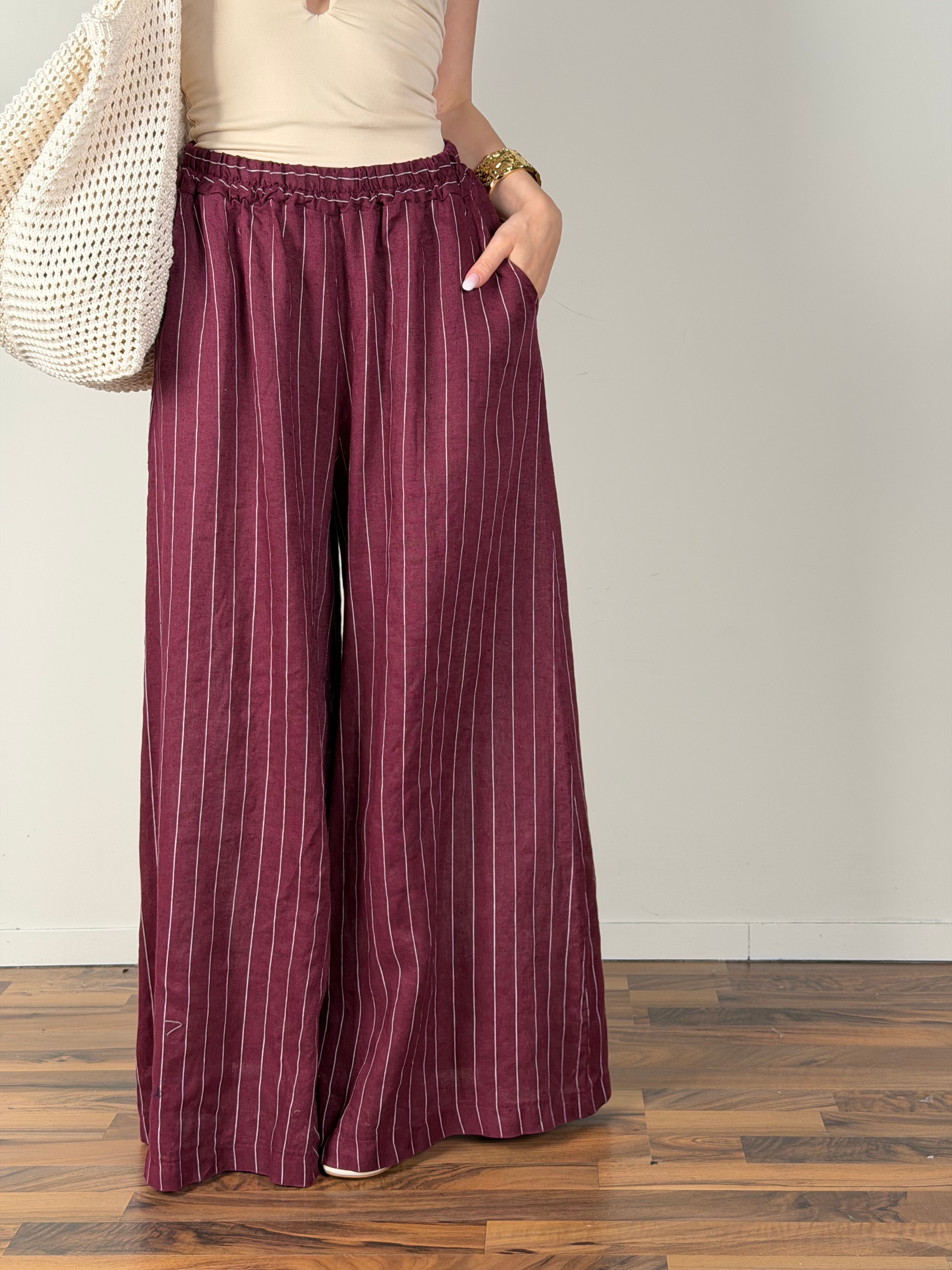 Pantalone puro lino Margot bordeaux