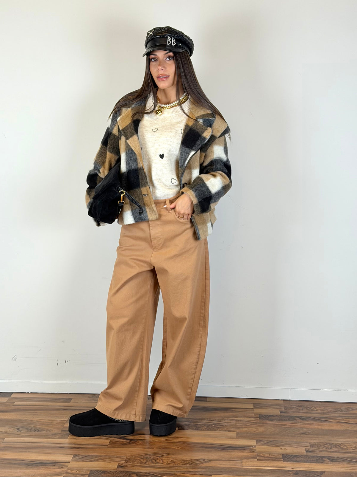 Cappotto crop Check tabacco