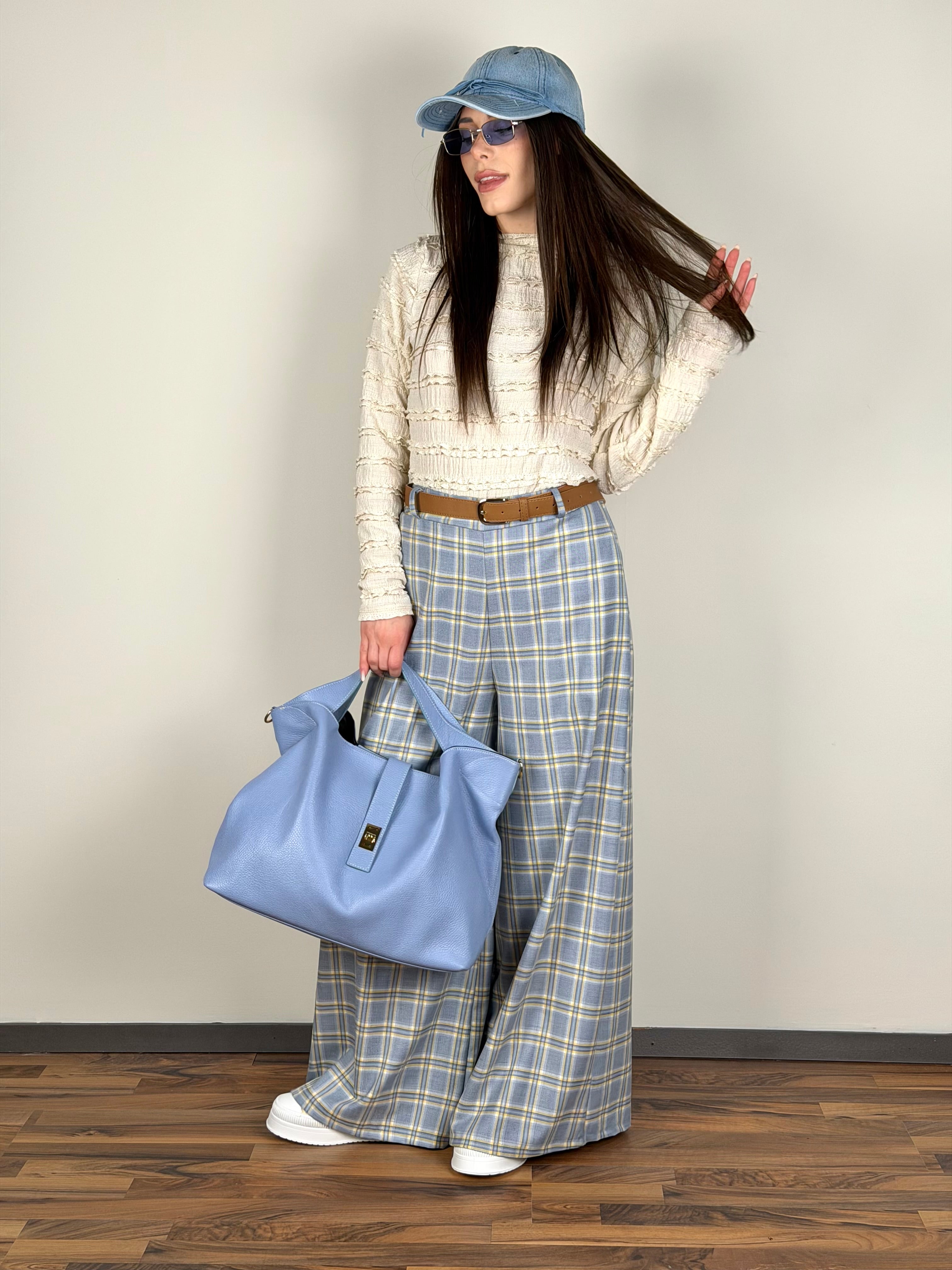 Pantalone check Siria celeste