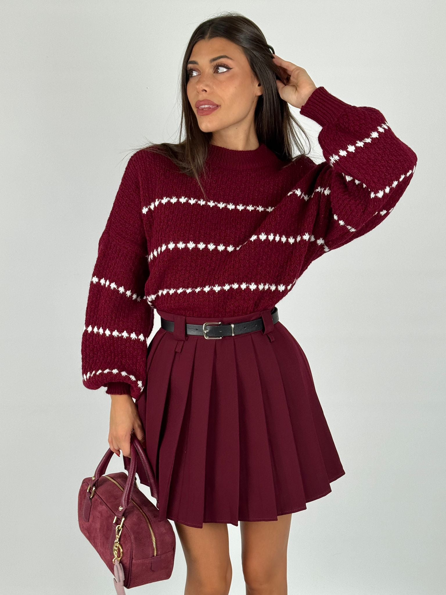 Gonna plisse doppia cintura bordeaux