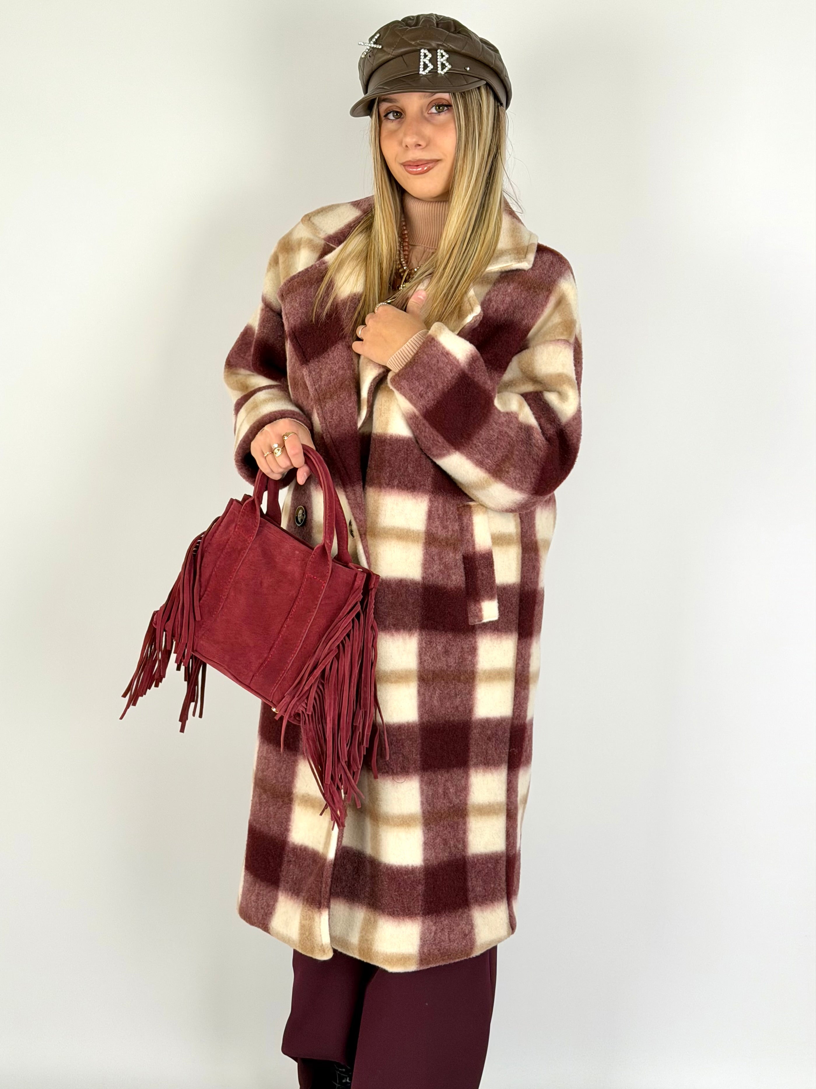 Maxi cappotto check lungo bordeaux